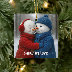 Adorno De Cerámica Pareja de muñeco de nieve de Navidad en copos de n