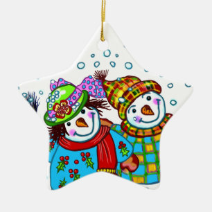 Adorno De Cerámica Pareja de muñecos de nieve 