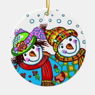 Adorno De Cerámica Pareja de muñecos de nieve