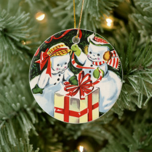 Adorno De Cerámica Pareja de nieve con mensaje de Navidad retro vinta
