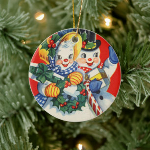 Adorno De Cerámica Pareja de nieve con mensaje de Navidad vintage ret