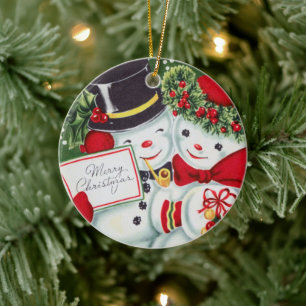 Adorno De Cerámica Pareja de nieve con mensaje de Navidad vintage ret