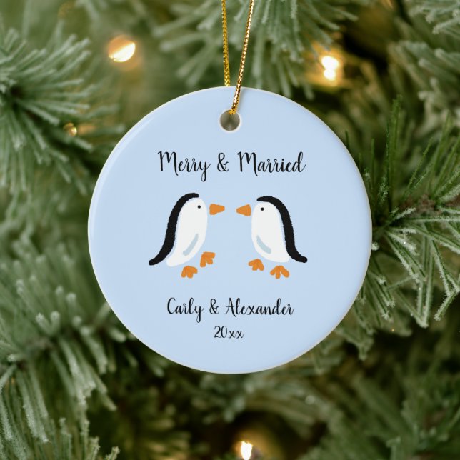 Adorno De Cerámica Pareja de pingüino simple casada con Navidades inv (Árbol)