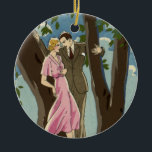 Adorno De Cerámica Pareja de recién casados de arte vintage Deco Love<br><div class="desc">El amor por el ilustracion vintage y el diseño romántico con una elegante pareja recién casada enamorada. La dama está usando un hermoso vestido rosa y el hombre es guapo en un traje. Están parados junto a algunos árboles disfrutando de la naturaleza en una fresca mañana de otoño.</div>