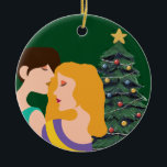 Adorno De Cerámica Pareja lesbiana de árbol de Navidad LGBT<br><div class="desc">Hermoso adorno de Navidad lesbiana que presenta a una pareja gay romántica. Dos mujeres se abrazan en un abrazo amoroso frente a un árbol de Navidad festivo en un regalo de honor para sus amigos LGBT</div>