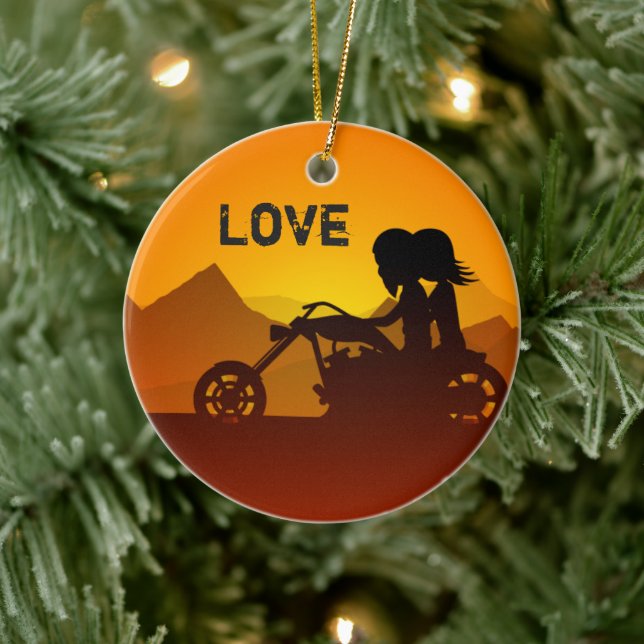 Adorno De Cerámica Pareja personalizada de motocicletas en Sunset LOV (Árbol)