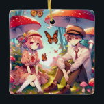 Adorno De Cerámica Pareja romántica romántica y caprichosa<br><div class="desc">Ornamento navideño personalizado para parejas. Regalo romántico de keepsake. Agregue nombres y año en el área de personalización. Niño animado y chica enamorado sentado en un lote de setas y flores añejos con mariposas volando al fondo.</div>