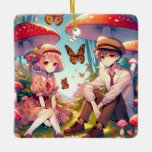 Adorno De Cerámica Pareja romántica romántica y caprichosa<br><div class="desc">Ornamento navideño personalizado para parejas. Regalo romántico de keepsake. Agregue nombres y año en el área de personalización. Niño animado y chica enamorado sentado en un lote de setas y flores añejos con mariposas volando al fondo.</div>