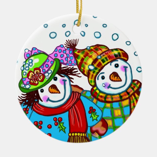 Adorno De Cerámica Pareja Snowman (Frente)