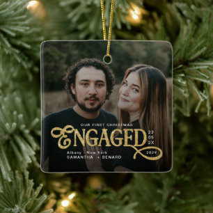 Adorno De Cerámica Parejas comprometidas 2 Fotos Oro Primer Navidad