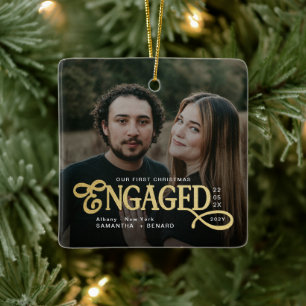 Adorno De Cerámica Parejas Prometidas 2 Fotos Oro Primer Navidad