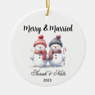 Adorno De Cerámica Parejas Snowman Merry y Boda casado