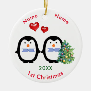 Adorno De Cerámica Pares cariñosos del pingüino dos 1r navidad de l