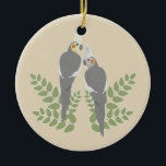 Adorno De Cerámica Pares del Cockatiel<br><div class="desc">Pares románticos del cockatiel con las hojas. color de fondo adaptable.</div>