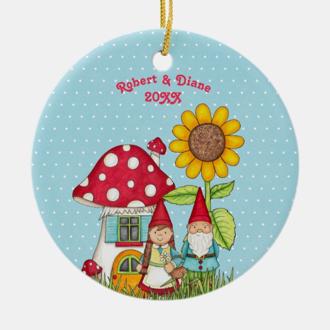 Adorno De Cerámica Pares del gnomo en jardín en fondo azul (Frente)
