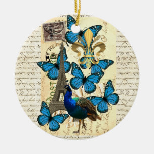 Adorno De Cerámica París, pavo real y mariposas