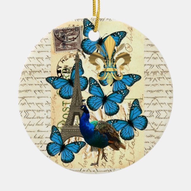 Adorno De Cerámica París, pavo real y mariposas (Frente)