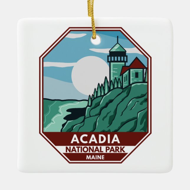 Adorno De Cerámica Parque nacional Acadia faro Maine Emblem retro (Anverso)