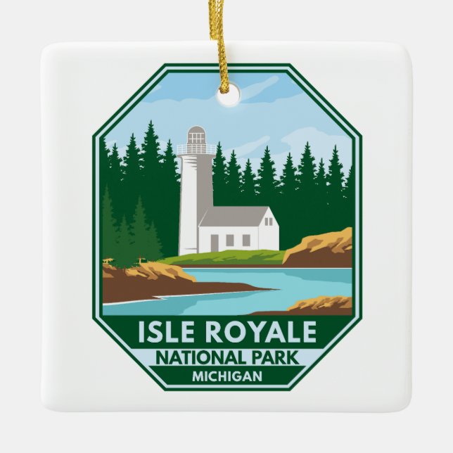 Adorno De Cerámica Parque nacional Isle Royale Faro Retro Emblem (Anverso)