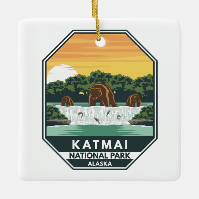 Adorno De Cerámica Parque nacional Katmai Grizzly lleva emblema retro (Anverso)