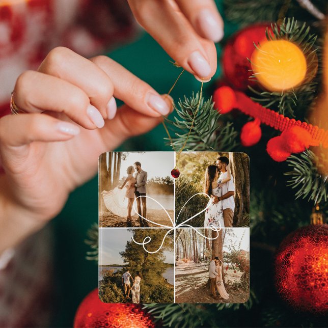 Adorno De Cerámica Partida Especial 4 Compromiso con Collages de foto (Special Delivery Parcel 4 Photo Collage Engagement Ceramic Ornament)