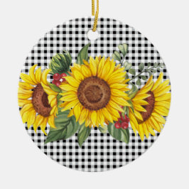 Adorno De Cerámica Partido Personalizado Girasol de Gingham Negra