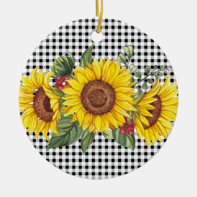 Adorno De Cerámica Partido Personalizado Girasol de Gingham Negra (Frente)