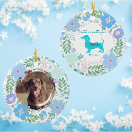 Adorno De Cerámica Pastel Blue Floral Dachshund Custom Photo Memorial
