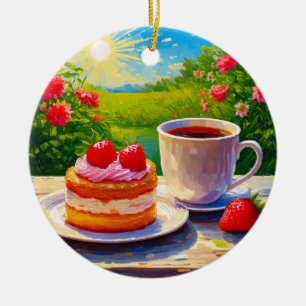 Adorno De Cerámica Pastel de fresa y deplante de café