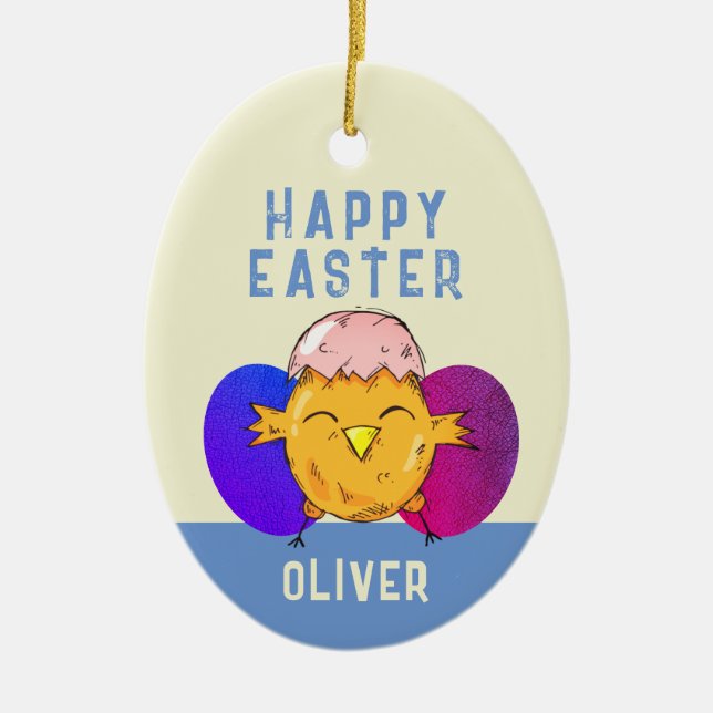 Adorno De Cerámica Pastel de Pascua y Huevos Felices Pascua (Frente)