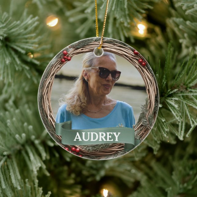 Adorno De Cerámica Pastel Green Grapevine Wreath ANY Photo (Árbol)