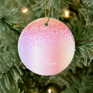 Adorno De Cerámica Pastel Rainbow Pink Gold Purple Glitter Monogram