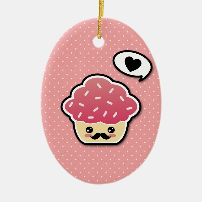 Adorno De Cerámica Pastel rosa de Kawaii con bigote (Frente)