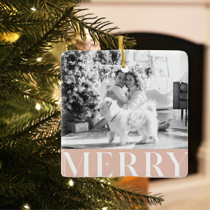 Adorno De Cerámica Pastel Rosa Merry y foto familiar   Feliz feriado