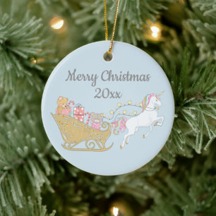 Adorno De Cerámica Pastel Unicornio de Navidad Trineo de Santa Azul B
