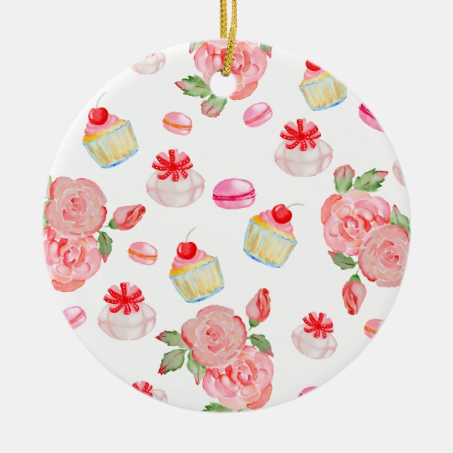 Adorno De Cerámica Pasteles dulces y rosas en acuarela (Frente)