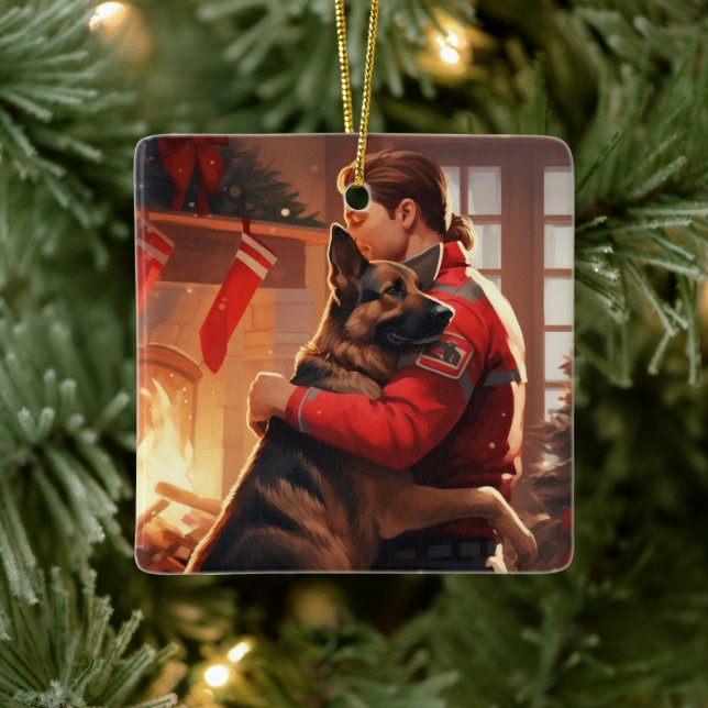 Adorno De Cerámica Pastor alemán Fireman, Amantes De Regalos Para Muj (Árbol)