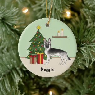 Adorno De Cerámica Pastor Alemán Silver Sable Árbol de Navidad Verde