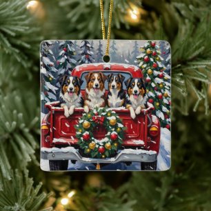Adorno De Cerámica Pastor Australiano Camioneta Roja Navidad Fiesta