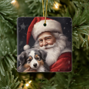 Adorno De Cerámica Pastor australiano con Navidades de Santa Claus