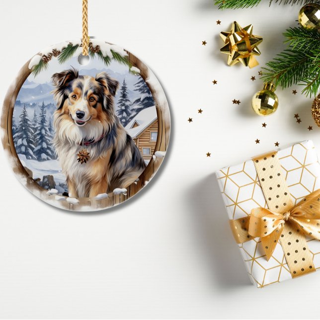 Adorno De Cerámica Pastor Australiano de Navidades de Invierno (Cute Winter Christmas Australian Shepherd Ceramic Ornament )