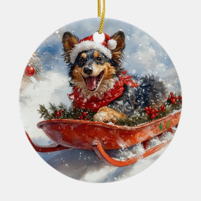 Adorno De Cerámica Pastor belga en escaramuza deja que nieve Navidade (Frente)