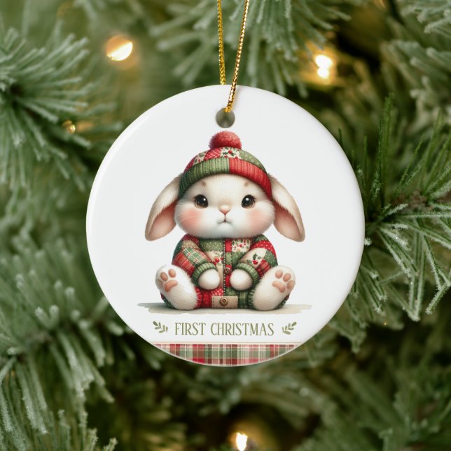 Adorno De Cerámica Patchwork Bunny First Christmas Keepsake Photo (Árbol)