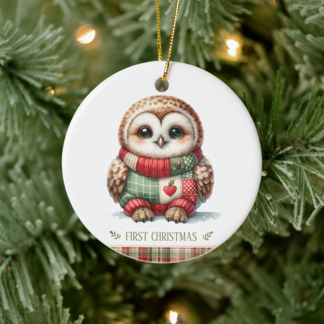 Adorno De Cerámica Patchwork Owl First Christmas Keepsake Photo (Árbol)
