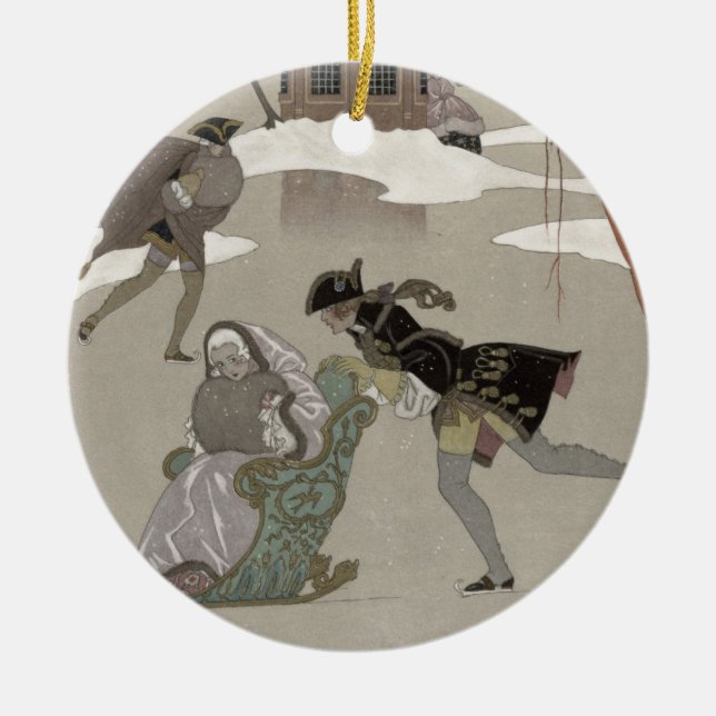 Adorno De Cerámica Patinaje de hielo en el lago congelado, (Frente)