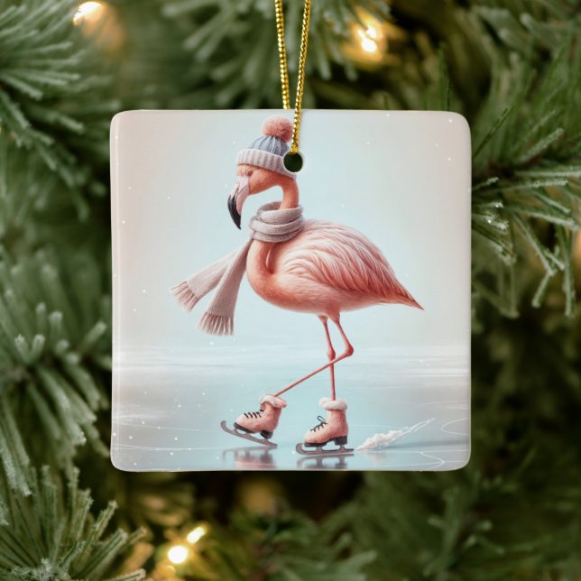 Adorno De Cerámica Patinaje De Hielo Rosado Flamingo (Árbol)