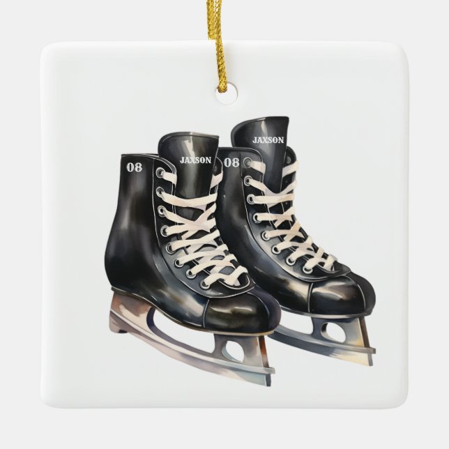 Adorno De Cerámica Patinaje de hockey nombre y número personalizados (Anverso)