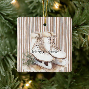 Adorno De Cerámica Patines de hielo crema beige Navidad