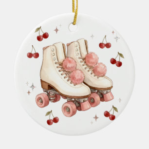 Adorno De Cerámica Patines de rodillos rosados vintage y cerezas