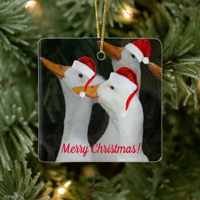 Adorno De Cerámica Patos blancos con sombreros Santa (Árbol)